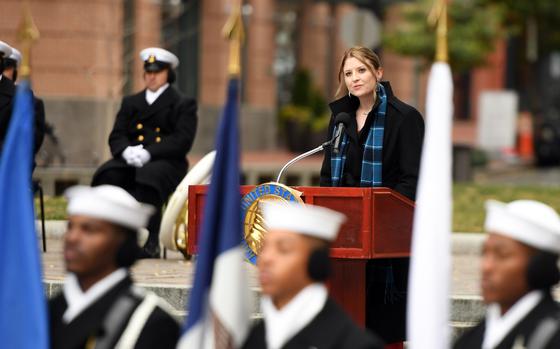 Nikki Stratton, granddaughter of Donald Stratton, who was one of the few remaining survivors of the sinking of the USS Arizona when he died in 2020, delivers remarks during a Pearl Harbor Day ceremony at the Navy Memorial in Washington, D.C., Dec. 7, 2023.