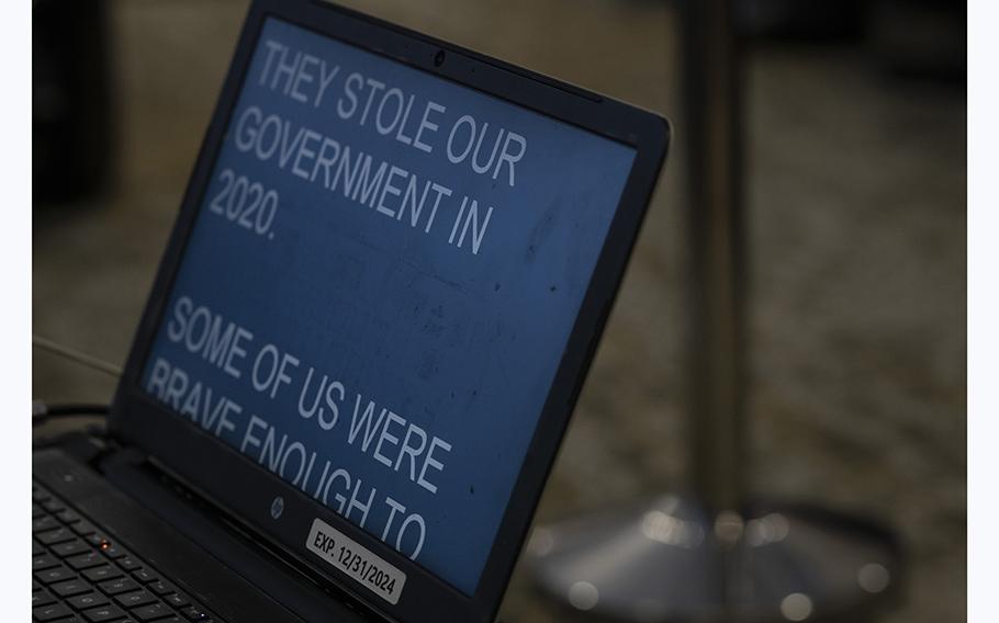 Text of a speech delivered by Kari Lake in support of former President Donald Trump is seen at the Hilton Palm Beach Airport hotel on Monday, June 12, 2023, the day before he appeared in federal court in Miami. 