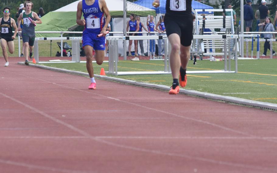 Stuttgart senior Tobin McArthur anchored the Panthers winning 3,200-meter relay team at the DODEA-Europe track and field championships in Kaiserslautern, Germany, on Thursday, May 23, 2024. McArthur held off Ramstein senior Frank Lozano en route to a winning time of 8:19.06.