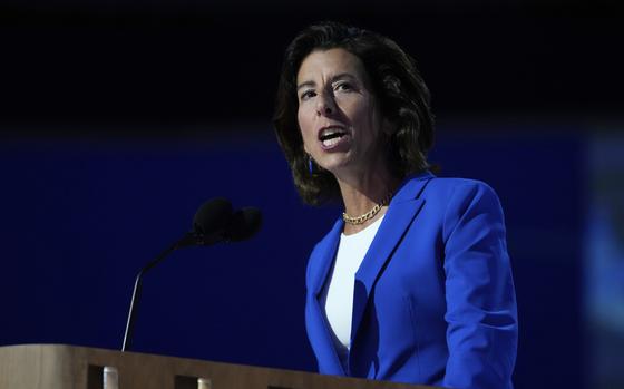 FILE - Gina Raimondo, U.S. Secretary of Commerce, speaks during the Democratic National Convention on Aug. 19, 2024, in Chicago. (AP Photo/Paul Sancya, File)