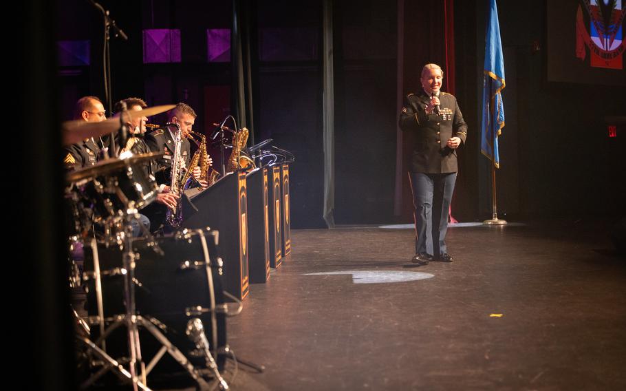 Sgt. Brittany Simmons sings during the 77th Army Band’s farewell concert on Sept. 20, 2024, at McMahon Memorial Auditorium in Lawton, Okla. 