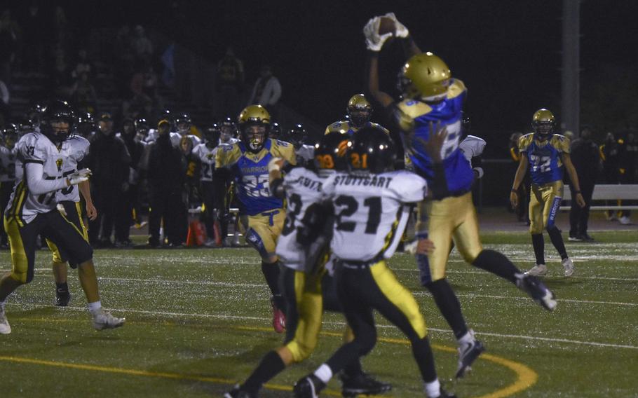 Wiesbaden senior Christopher Edwards jumps for a catch against Stuttgart on Sept. 13, 2024, in Wiesbaden, Germany. Edwards scored a touchdown in the Warriors' 12-14 loss.