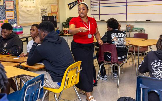 An English teacher speaks with her students during the first day of school at Miami Edison High on Thursday, August 15, 2024, in Miami, Fla.