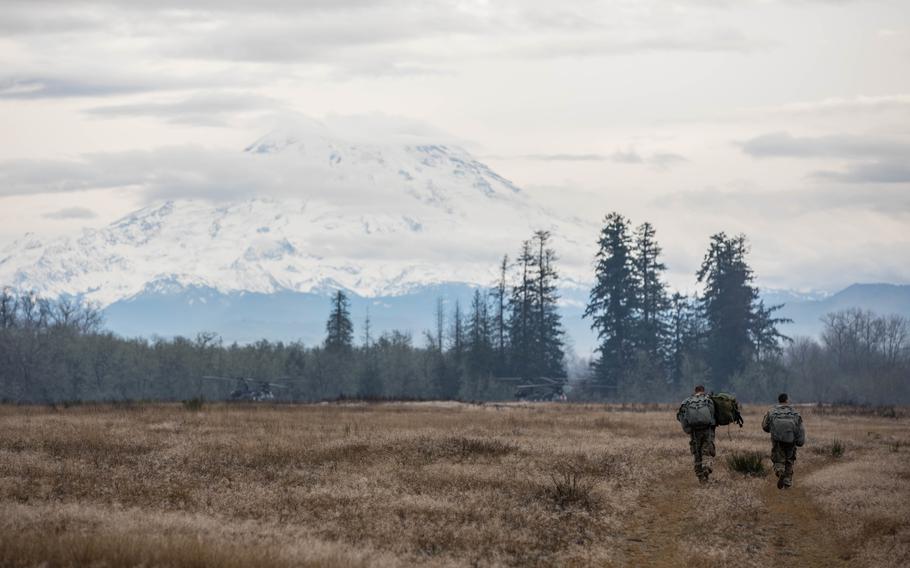 Special Forces soldiers trained in mountaineering are assisting the Navy in its search for the crew of a crashed Growler jet that went down Tuesday, Oct. 15, 2024, near Mount Rainier in Washington.