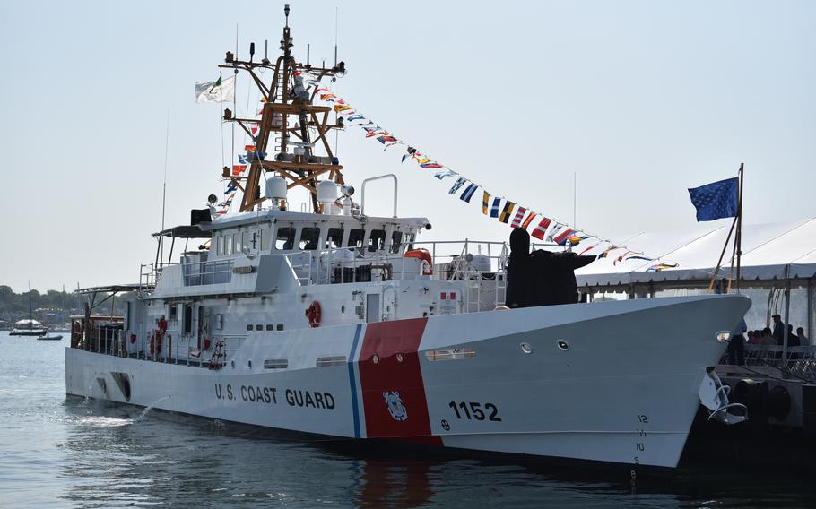 U.S. Coast Guard Cutter Maurice Jester (WPC 1152), dressed overall during its commissioning ceremony in Newport, R.I., June 2, 2023.