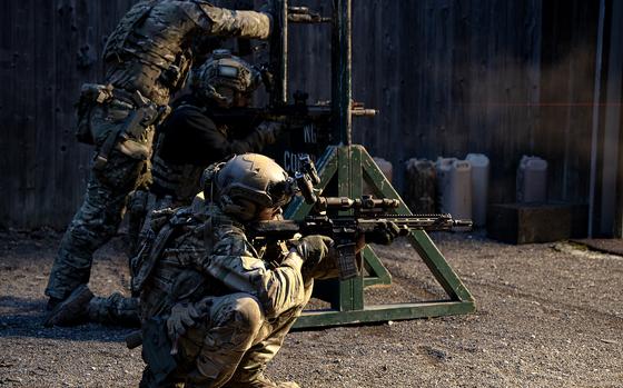 U.S. soldiers assigned to 10th Special Forces Group (Airborne) participate in a combat marksmanship exercise at Panzer Range, in Boeblingen, Germany, Feb. 15, 2024. Special operations troops who are nearing retirement took part this week in seminars to prepare them for civilian life. Years of intense training and combat can make the transition to the civilian world challenging for some troops. 