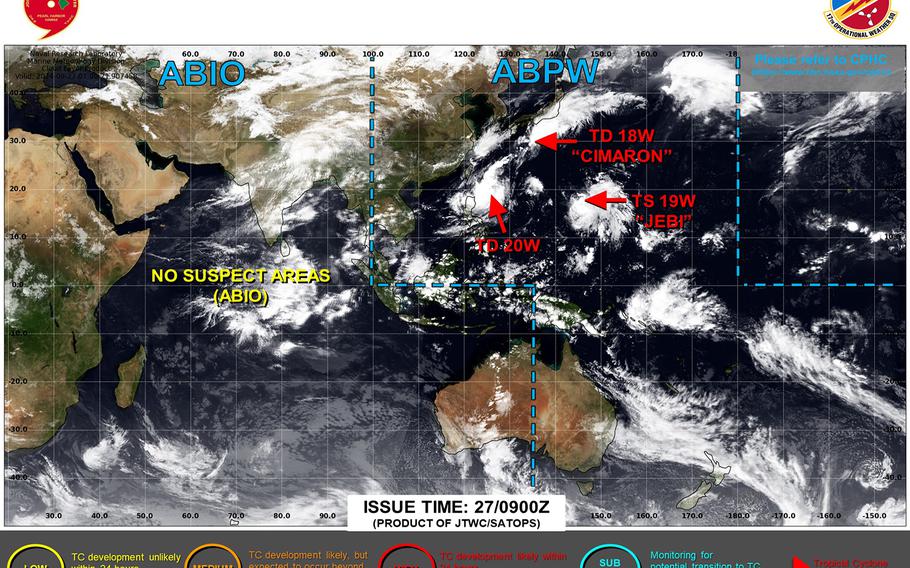 20W upgraded to tropical storm, could give Okinawa rainy, gusty weather Wednesday; Tropical Storm Jebi remains forecast to pass east of Kanto Plain at mid-afternoon Tuesday.