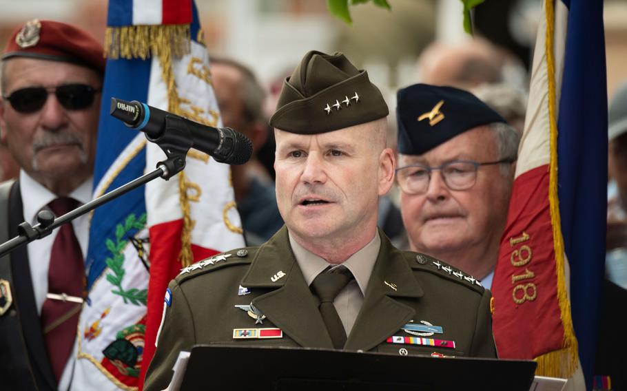 NATO supreme allied commander in Europe Gen. Christopher Cavoli speaks at a ceremony in Sainte-Mère-Église, France, Monday, June 3, 2024, where a statue of Dwight D. Eisenhower was unveiled. 