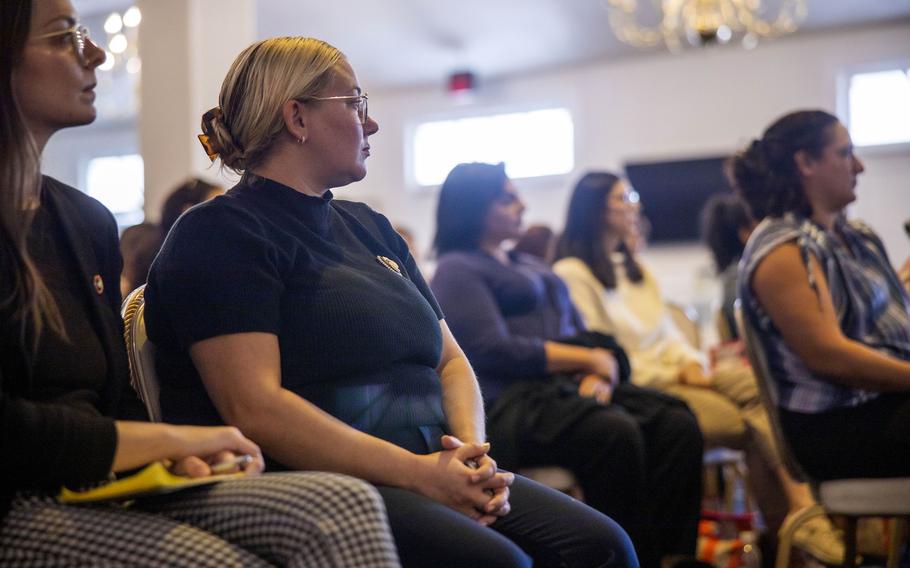 Marine Corps spouses attend a spouse's roundtable at Camp Lejeune, N.C., in October 2023. The Defense Department has launched its latest biennial survey to assess the impact of military life on spouses and their families.