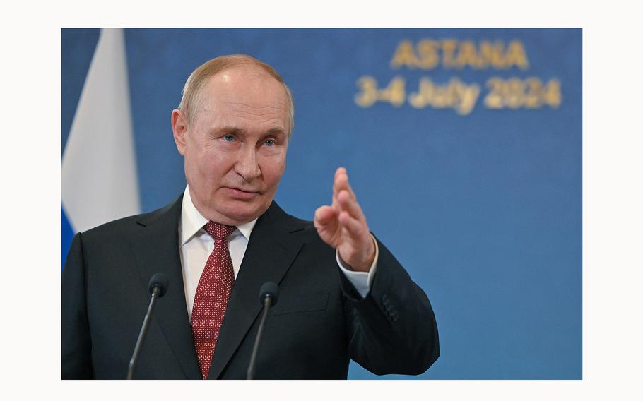 Russia’s President Vladimir Putin attends a briefing in Astana, Kazakhstan on July 4, 2024. 