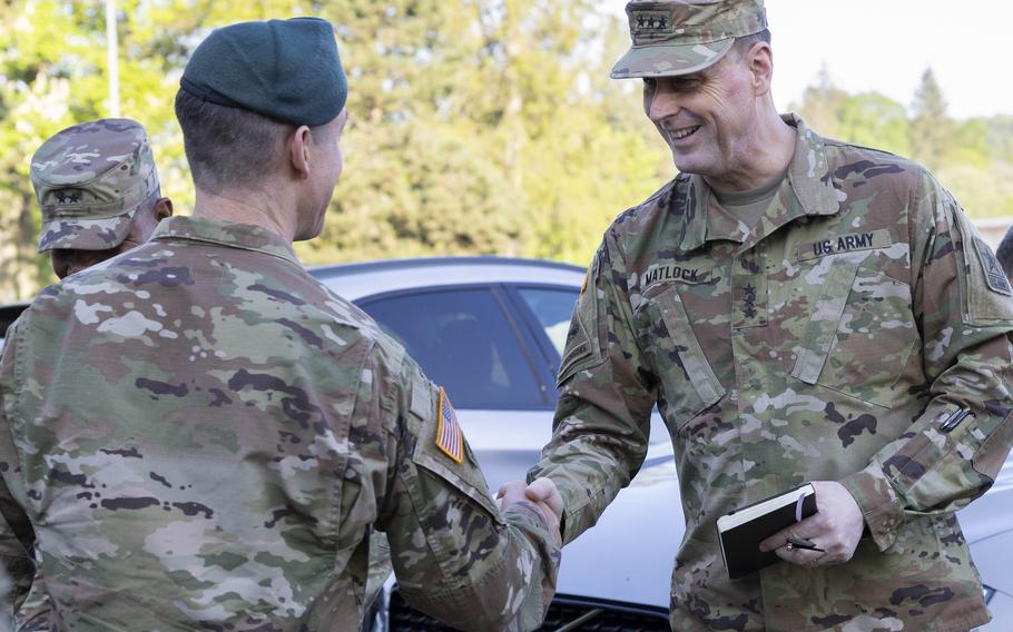 Army Lt. Gen. Patrick Matlock, right, is welcomed at Smith Barracks in Baumholder, Germany, on May 9, 2024. 