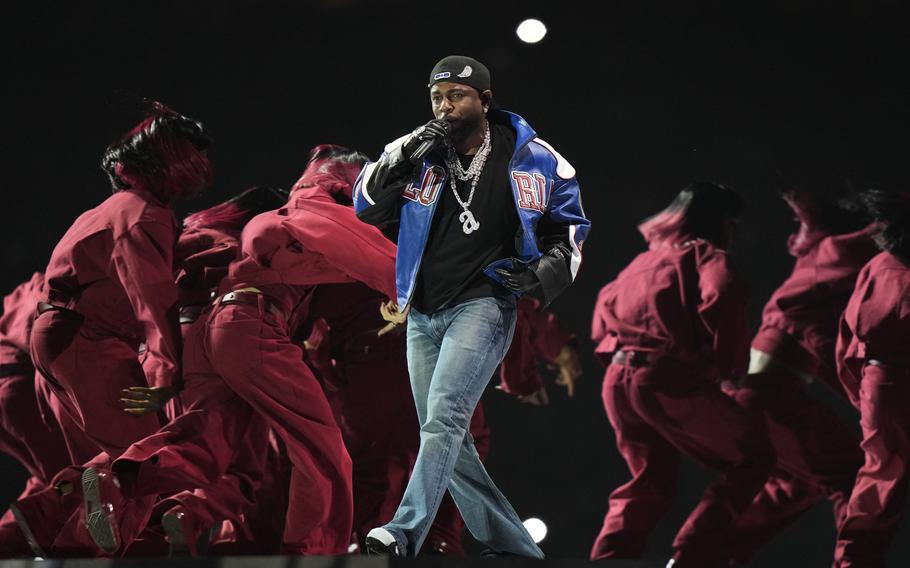 Kendrick Lamar performs during halftime of the NFL Super Bowl 59 football game.