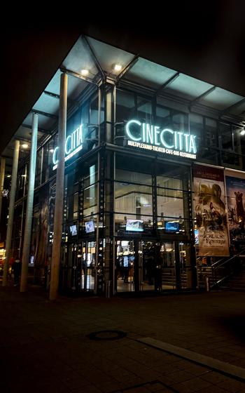 Outside view of a movie theater complex with bars and restaurants in Nuremberg.