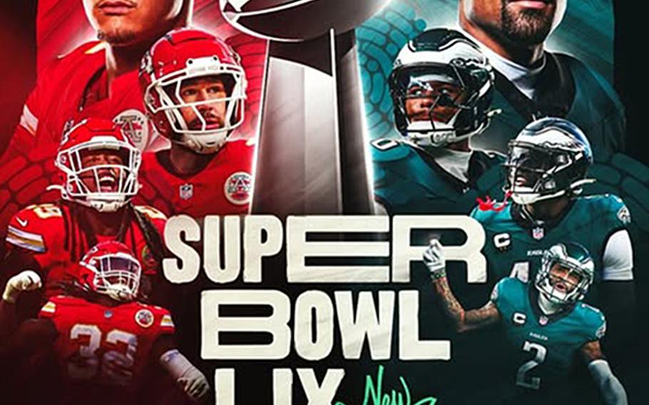 A poster reads Super Bowl LIX and features players from the Kansas City Chiefs and the Philadelphia Eagles.