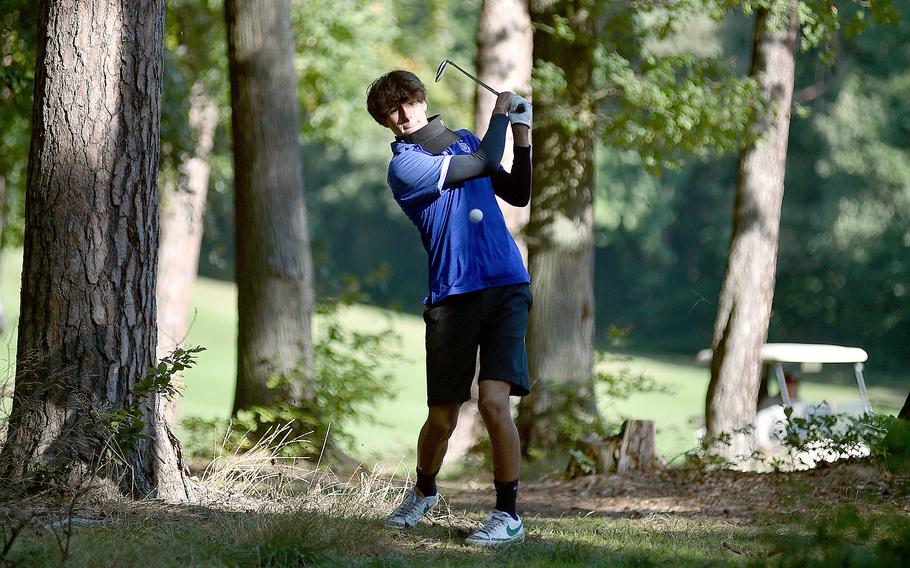 Royal golfer Ryan Izaguirre tries to shoot out of the woods at Woodlawn Golf Course on Sept. 28, 2023, on Ramstein Air Base, Germany.