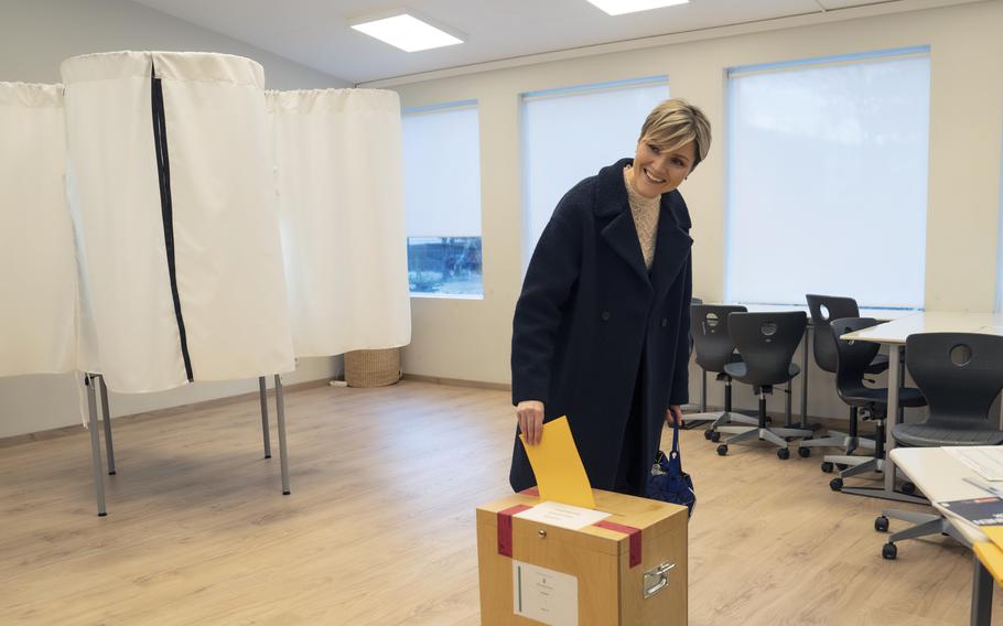 Kristrún Mjöll Frostadóttir, leader of Iceland’s Social Democrats Party (Samfylkingin) casts her ballot at a polling station, in Reykjavik, Saturday, Nov. 30, 2024. 