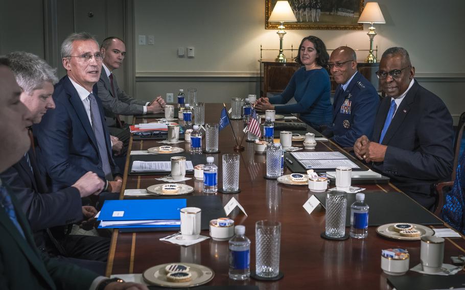 Defense Secretary Lloyd Austin welcomes NATO Secretary General Jens Stoltenberg to the Pentagon on Monday, Jan. 29, 2024. 