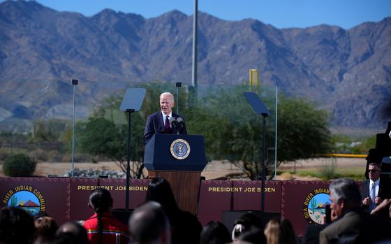 President Joe Biden speaks to a crowd in Laveen, Arizona.