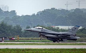 An Air Force F-16 Fighting Falcon lands at Osan Air Base, South Korea, July 9, 2024. 