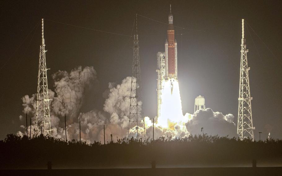 Artemis I, with the unmanned Orion spacecraft aboard, blasts off in November 2022. 