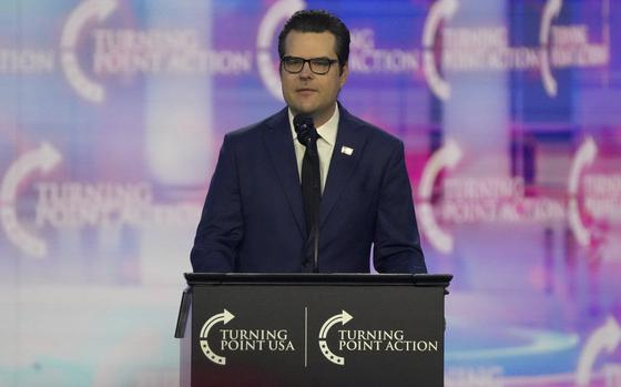 Former Rep. Matt Gaetz, R- Fla., speaks at AmericaFest, Sunday, Dec. 22, 2024, in Phoenix. (AP Photo/Rick Scuteri)