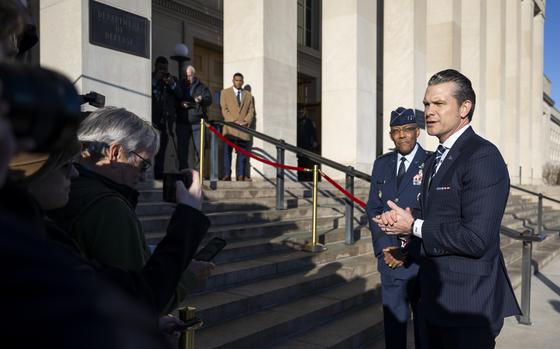 Secretary of Defense Pete Hegseth speaks to members of the press upon his arrival at the Pentagon, Washington, D.C., Jan. 27, 2025. (DoD photo by U.S. Navy Petty Officer 1st Class Alexander Kubitza)