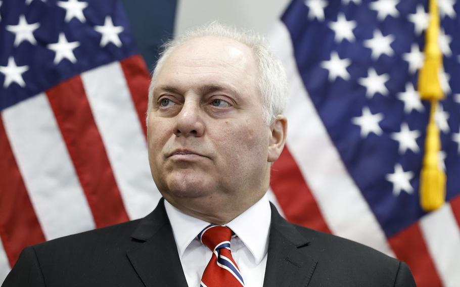 House Majority Leader Rep. Steve Scalise (R-LA) listens during a news conference following a House Republican Conference meeting at the U.S. Capitol Building on July 18, 2023, in Washington, D.C.