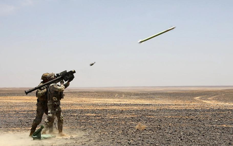 Sgt. Blake Hoffman and Pfc. Maciah Pray of the 4th Air Defense Artillery Regiment engage a drone with a Stinger missile during the May 2024 Eager Lion exercise in Jordan. 