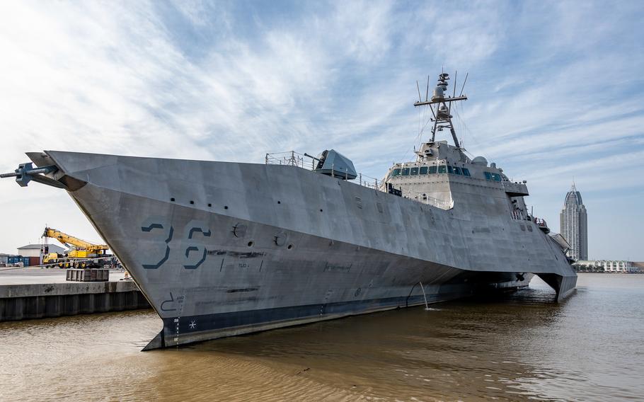 Independence-class littoral combat ship USS Kingsville is a 422-foot aluminum-hull trimaran that is designed to operate in shallow, near-shore waters, primarily to identify and neutralize mines and to conduct maritime security. 