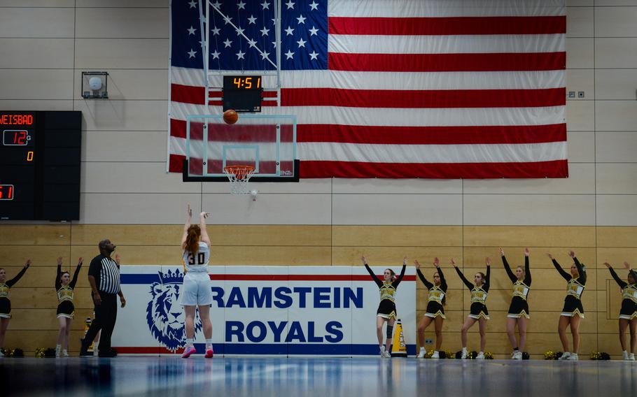 Stuttgart's Mollie Winkler takes a free throw after a technical foul during the DODEA European Division I girls basketball championships Feb. 16, 2023, at Ramstein Air Base, Germany. Wiesbaden beat Stuttgart 50-15.