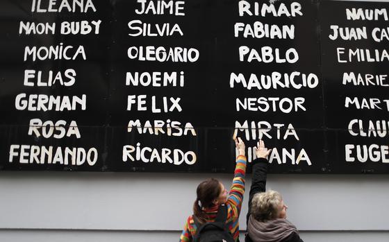 FILE - Women touch a board with the names of people who died in the 1994 bombing of the AMIA Jewish community center, at the site of the attack in Buenos Aires, Argentina, Thursday, July 18, 2019. Ahead of the 30th anniversary of the attack, President Javier Milei's government sent Congress a bill to hold the trial in absentia, which would allow the accused, fugitives, to be tried. (AP Photo/Natacha Pisarenko, File)