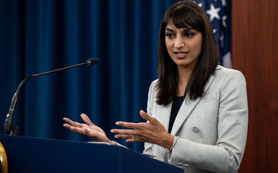 Deputy Pentagon Press Secretary Sabrina Singh conducts a news briefing at the Pentagon in November 2022. 