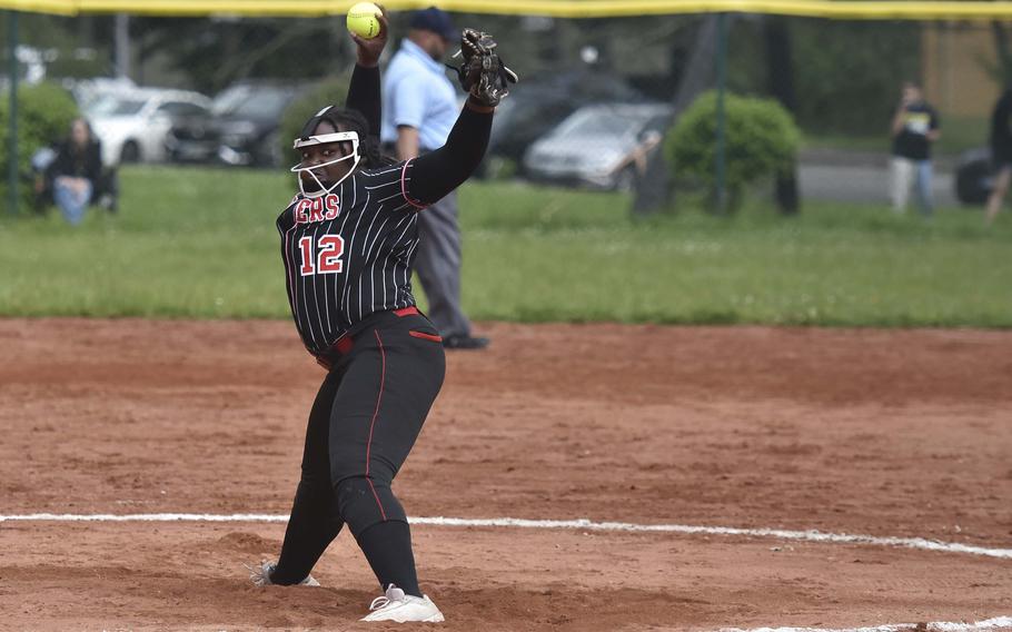 Kaiserslautern pitcher Bevanie Cleark winds up for a pitch during the DODEA-Europe softball championship semifinals on May 23, 2024, on Ramstein Air Base Germany. Kaiserslautern beat Stuttgart 5-3.