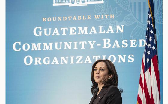 Vice President Kamala Harris listens during a virtual roundtable with representatives from Guatemalan community-based organizations on April 27, 2021. MUST CREDIT: Sarah Silbiger/Bloomberg