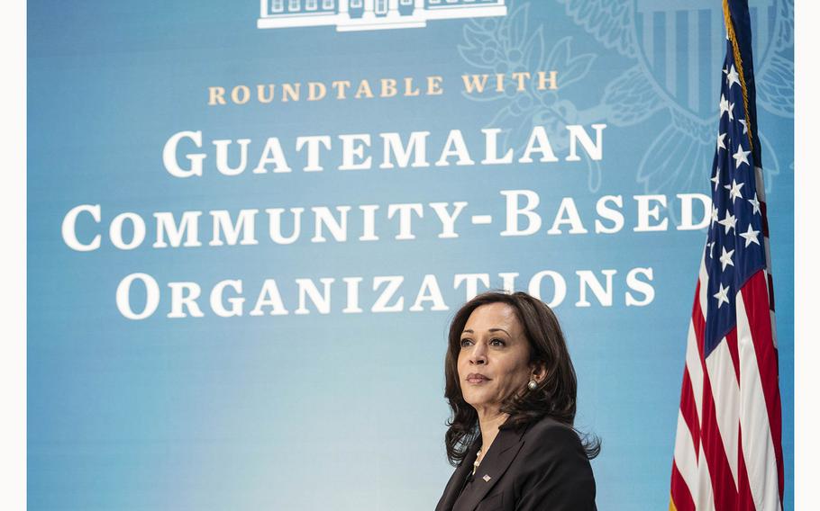 Vice President Kamala Harris listens during a virtual roundtable with representatives from Guatemalan community-based organizations on April 27, 2021. 