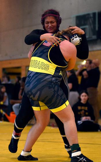 Jayla Webb and Sarah Felice grapple.