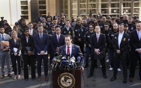 DEA special agent Frank Tarantino II, center front, speaks at a news conference outside the federal courthouse in the Brooklyn borough of New York, Friday, Feb. 28, 2025, following the arraignment of Cartel leaders Rafael Caro Quintero and Vicente Carrillo Fuentes. (AP Photo/Seth Wenig)