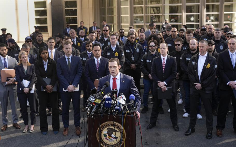 DEA special agent Frank Tarantino II, center front, speaks at a news conference outside the federal courthouse in the Brooklyn borough of New York, Friday, Feb. 28, 2025, following the arraignment of Cartel leaders Rafael Caro Quintero and Vicente Carrillo Fuentes. 