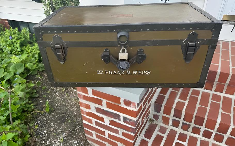 A World War II-era Army Air Forces footlocker bearing the name Lt. Frank M. Weiss sits at the Pawtucket, R.I., home of the late officer’s son Herb Weiss in this recent photo. The trunk was found in April on a curbside in Detroit by Michael Shannon, who found Herb Weis online and gifted him his father’s footlocker.