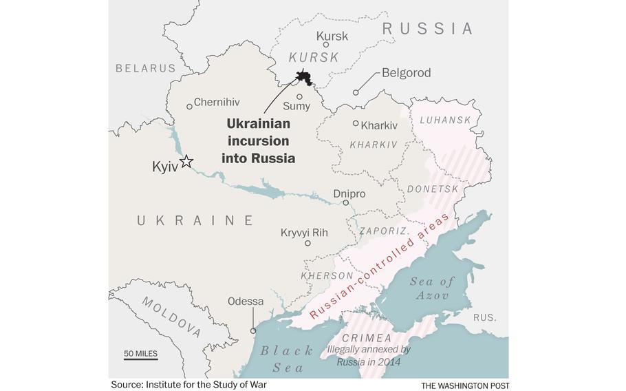 A map showing Ukraine’s incursion into the Kursk Region.