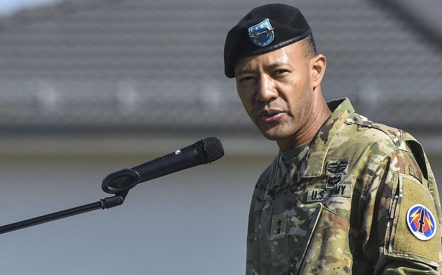 Maj. Gen. Andrew Gainey gives his final remarks as commander of the 56th Artillery Command June 13, 2024, in Wiesbaden, Germany. Gainey has been announced as the next commander of U.S. Army Southern European Task Force, Africa.