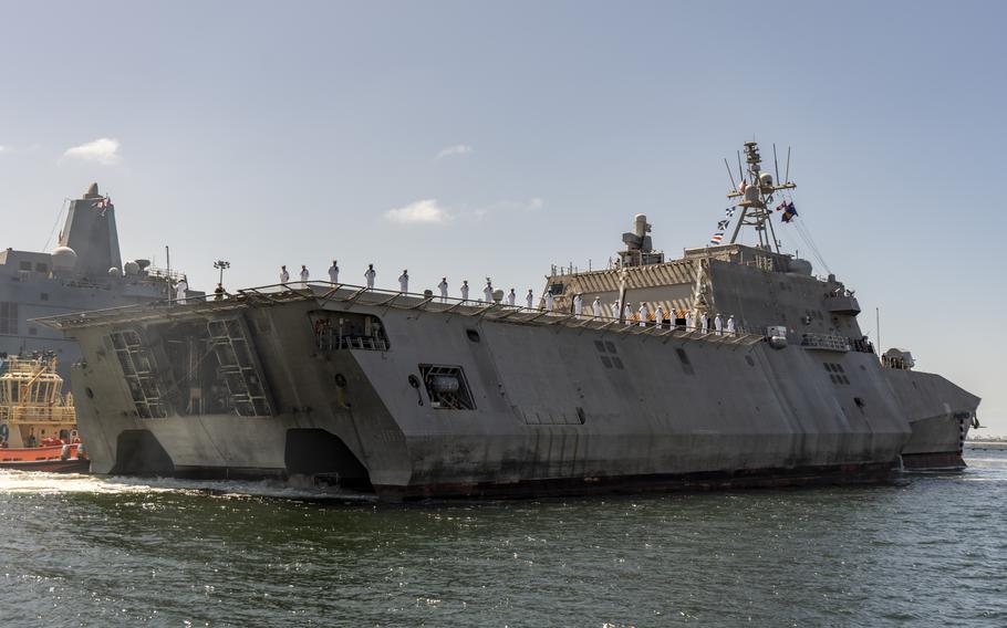 USS Manchester moors pier side at its homeport of Naval Base San Diego