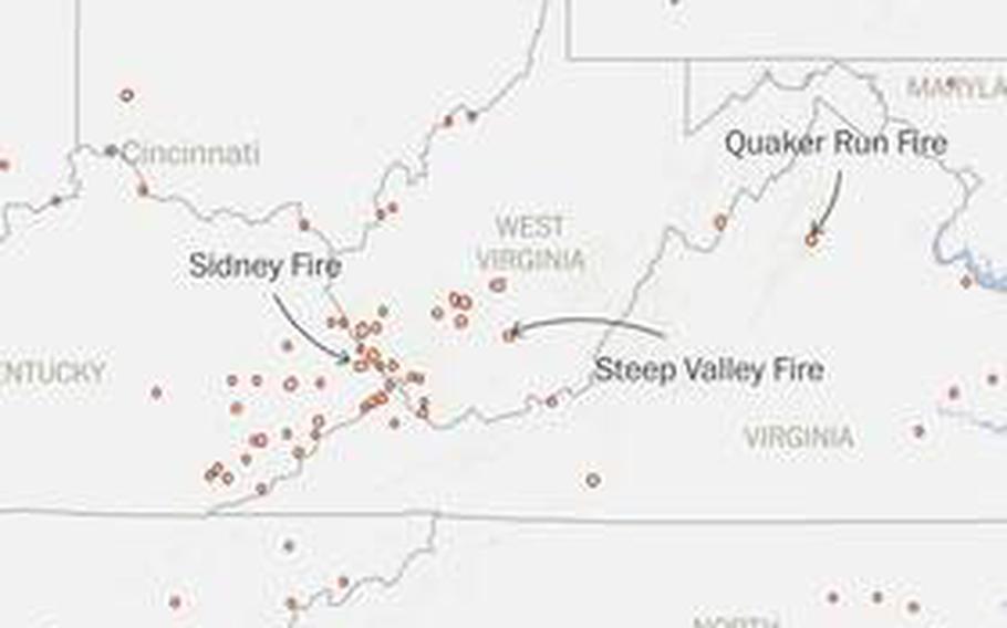 A diagram showing where various wildfires have sprung up throughout the Appalachian Mountains.