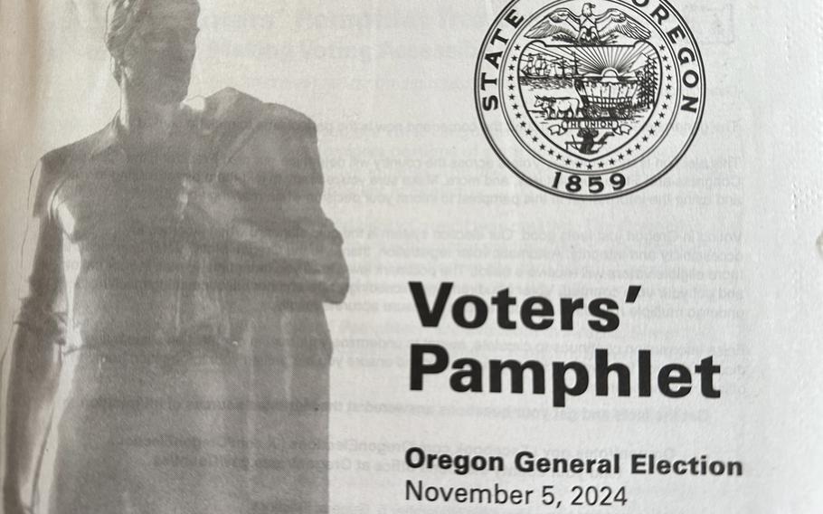 A Voters’ Pamphlet for the Oregon General Election on November 5, 2024, is shown on Thursday, Oct. 17, 2024, in Oregon. 