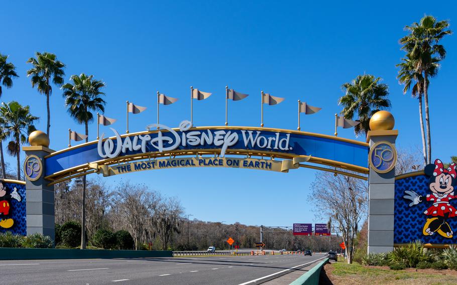 The entry gate above the road for the property at Walt Disney World in Orlando, Florida.