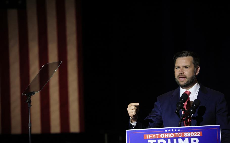 JD Vance delivers remarks during a rally at Middletown High School in Middletown, Ohio, on July 22, 2024.