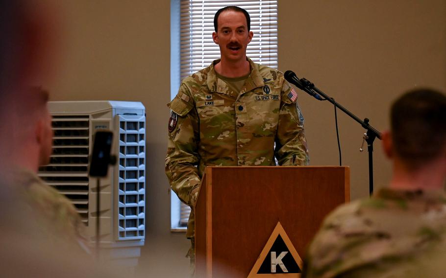 Lt. Col. Deane Lake, U.S. Space Forces Central combat detachment 3-1 commander, delivers remarks during an activation and assumption of command ceremony, March 12, 2024.