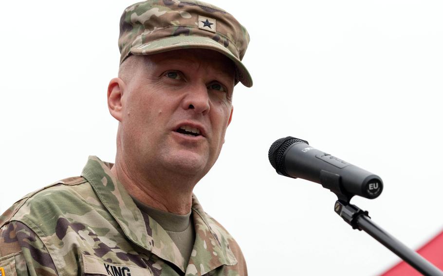 Brig. Gen. Curtis King makes his first speech as commander of the 10th Army Air and Missile Defense Command at Sembach Kaserne, Germany, on June 20, 2024.