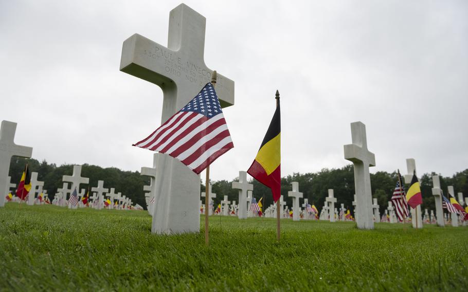 Some of the over 5,000 graves of Americans buried at Ardennes American Cemetery in Neupré, Belgium. U.S. and Belgian flags were planted at each headstone to mark Memorial Day, which was observed at the site May 25, 2024.