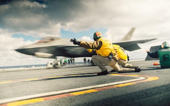 Sailors launch an F-35C Lightning II from Strike Fighter Squadron 125 on Nimitz-class carrier USS George Washington on Jan. 17, 2024. The first F-35C of Marine Fighter Attack Squadron 251, based in Cherry Point, N.C., arrived Sept. 17, and the squadron will be reactivated after more are delivered.